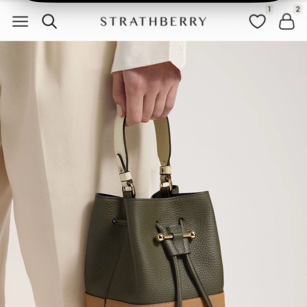 Strathberry Luxurious Bucket Bag Two Way Olive Tan and Cream - Picture 7 of 11